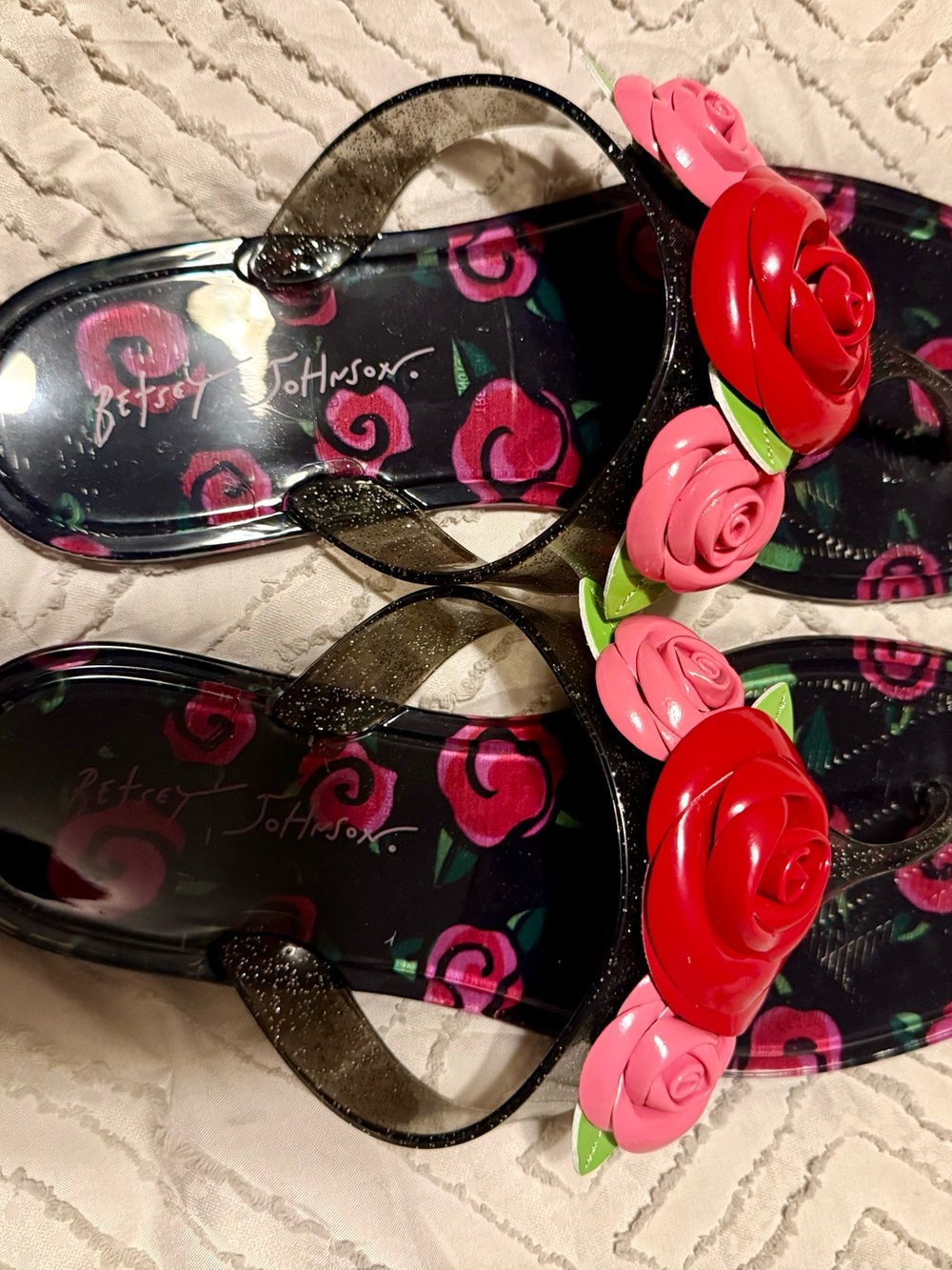 Betsey Johnson Trenton Black Jelly Sandals with Red & Pink Rose Appliqués